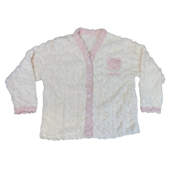 Pajama Lounge Set Soft Pink White Button Top Happy Bear Womens Large New In Bag - Picture 2 of 12